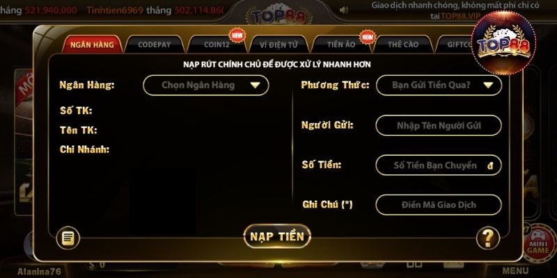 Các hình thức nạp tiền Top88