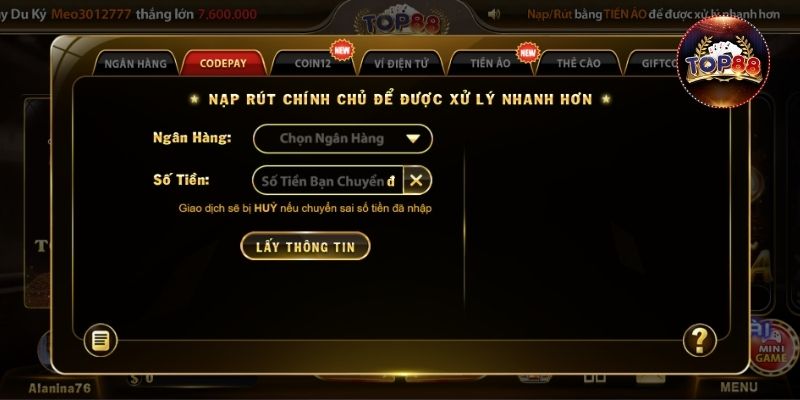 Cách nạp tiền Top88 chi tiết
