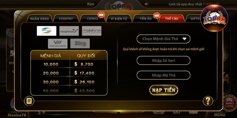 Nạp tiền qua thẻ cào điện thoại